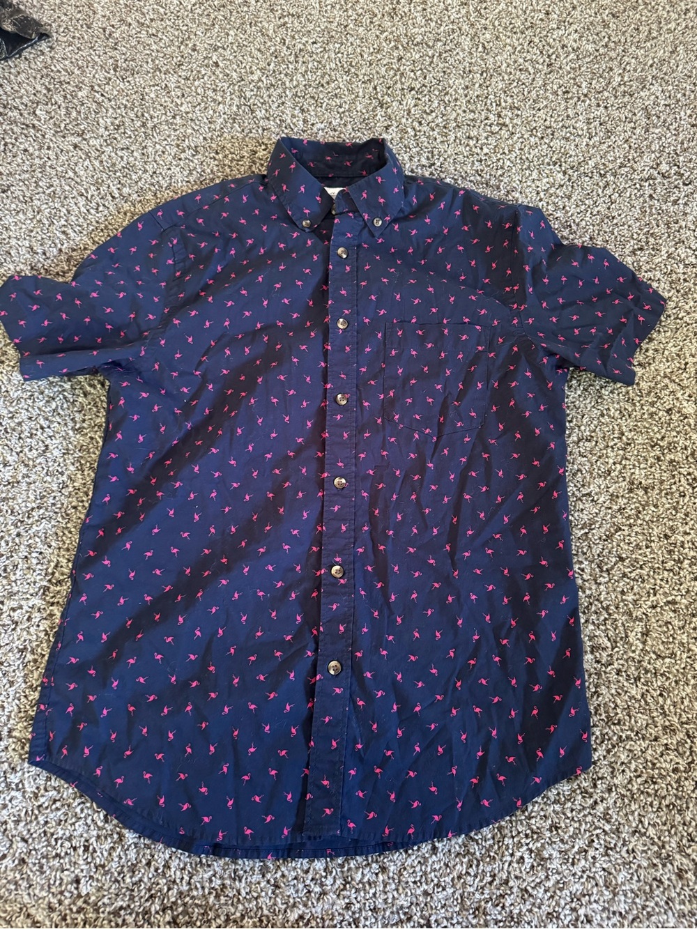 Old Navy Navy Short-Sleeve Button-Down Shirt with Pink Print